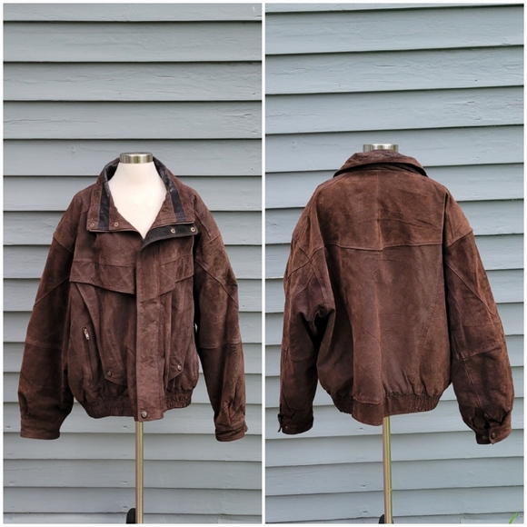 Vintage 90s y2k Brown Black 2 Tone Suede Leather Distressed Bomber Jacket 3X - Picture 1 of 7